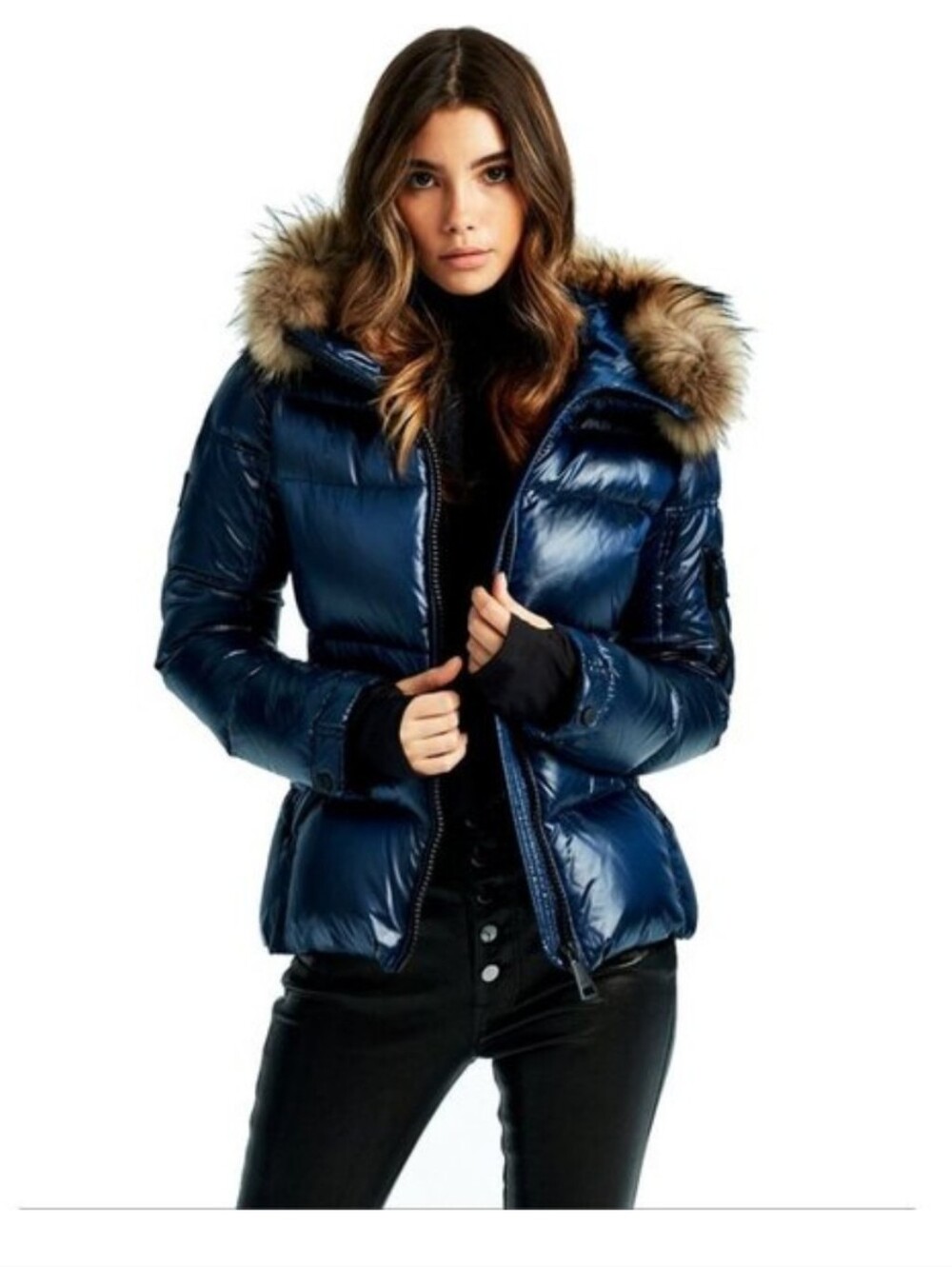 Shiny Navy Puffer Jacket with Faux Fur Hood